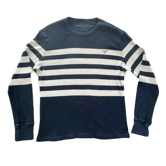 AMERICAN EAGLE Men's L Blue Off White Striped Long Sleeve Waffle Knit Sweater - Picture 6 of 6